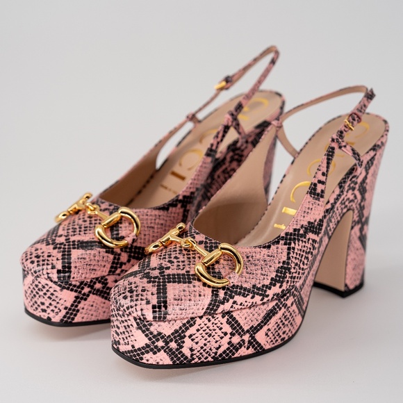 size 39G - Gucci Horsebit 120 Python Print Pink Leather Slingback Platform Pump - Picture 1 of 15